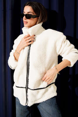Biye Şeritli Peluş Mont Ekru - Kadın Giyim Modelleri