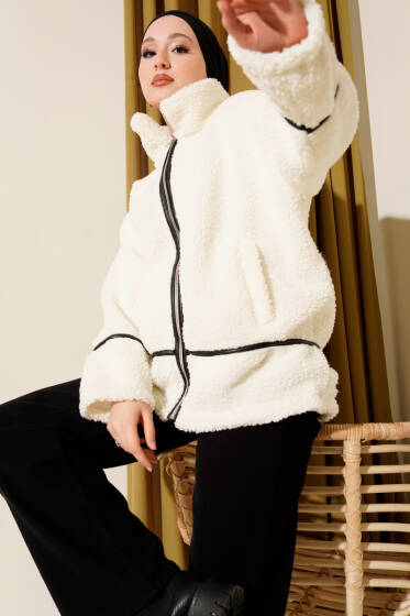 Biye Şeritli Peluş Mont Ekru - Mont