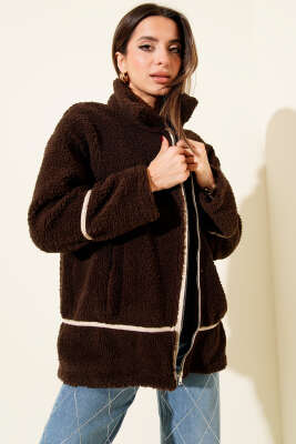 Biye Şeritli Peluş Mont Kahve - Kadın Giyim Modelleri