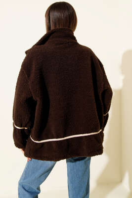 Biye Şeritli Peluş Mont Kahve - Kadın Giyim Modelleri