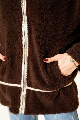 Biye Şeritli Peluş Mont Kahve - Kadın Giyim Modelleri