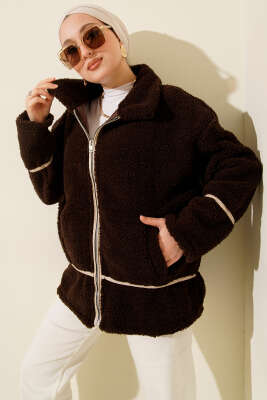 Biye Şeritli Peluş Mont Kahve - TİLLE