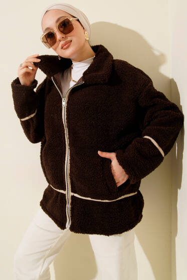 Biye Şeritli Peluş Mont Kahve - Mont