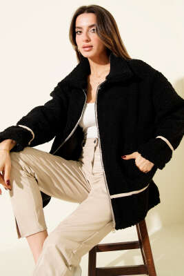 Biye Şeritli Peluş Mont Siyah - TİLLE