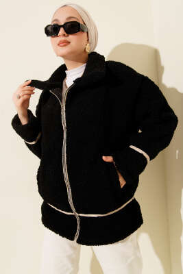 Biye Şeritli Peluş Mont Siyah - TİLLE