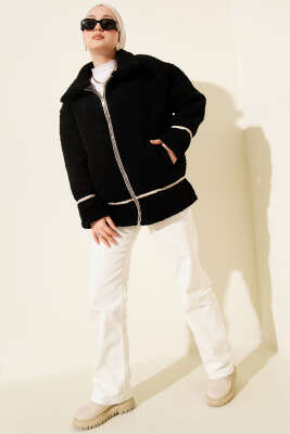 Biye Şeritli Peluş Mont Siyah - Mont