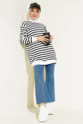 Biyeli Çizgili Tunik Siyah - Triko Tunik
