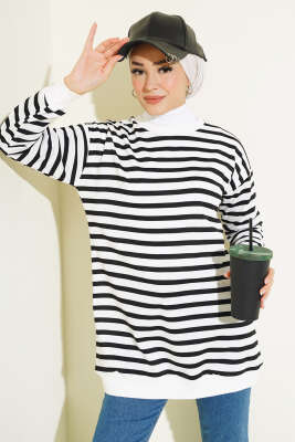 Biyeli Çizgili Tunik Siyah - Triko Tunik