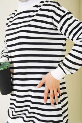 Biyeli Çizgili Tunik Siyah - Triko Tunik