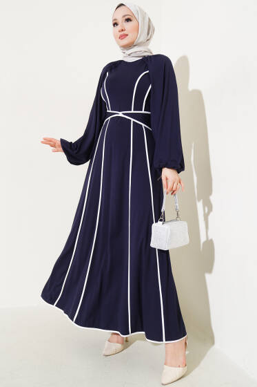 Biyeli Kendinden Kuşaklı Elbise Lacivert - Elbise