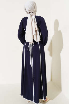 Biyeli Kendinden Kuşaklı Elbise Lacivert - Tesettür Elbise