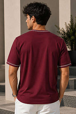 Biyeli Loyşa Bisiklet Yaka Erkek T-shirt Bordo - Erkek Basic Tişört