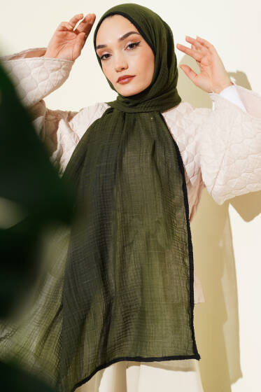 Biyeli Müslin Şal Kamuflaj Yeşili - Başörtüsü