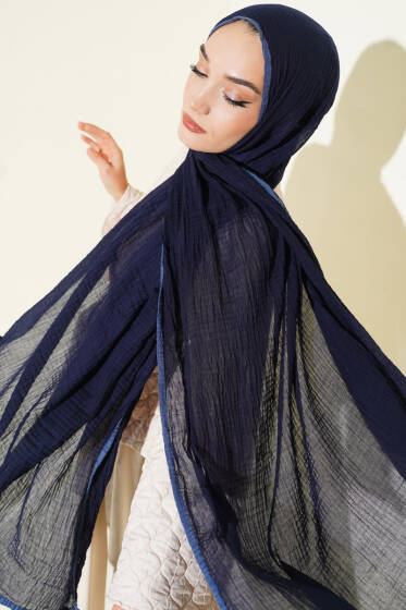 Biyeli Müslin Şal Lacivert - Başörtüsü