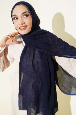 Biyeli Müslin Şal Lacivert - Başörtüsü