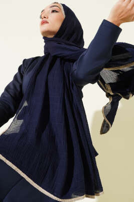 Biyeli Müslin Şal Lacivert Bej 