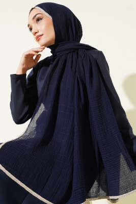 Biyeli Müslin Şal Lacivert Bej - Başörtüsü