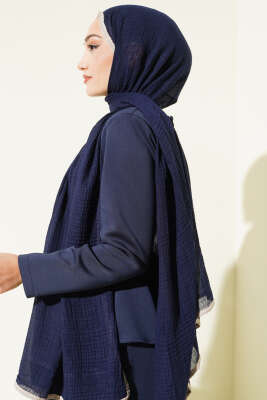 Biyeli Müslin Şal Lacivert Bej - Başörtüsü