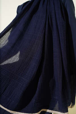 Biyeli Müslin Şal Lacivert Bej - Başörtüsü