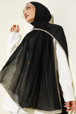 Biyeli Müslin Şal Siyah Bej - Başörtüsü