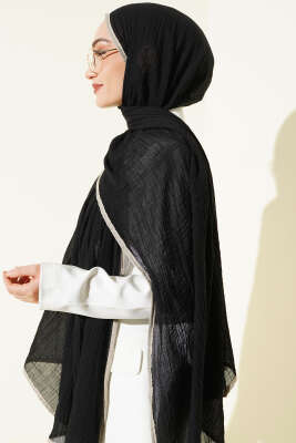 Biyeli Müslin Şal Siyah Bej - Başörtüsü