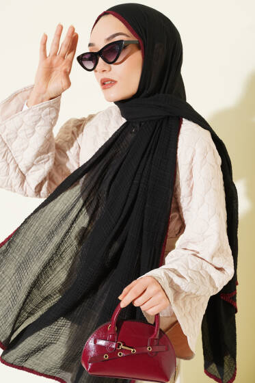 Biyeli Müslin Şal Siyah Bordo - Başörtüsü