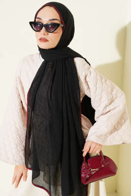 Biyeli Müslin Şal Siyah Bordo - Başörtüsü