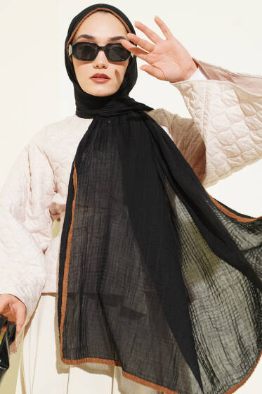 Biyeli Müslin Şal Siyah Camel - Başörtüsü