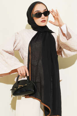 Biyeli Müslin Şal Siyah Camel - Başörtüsü
