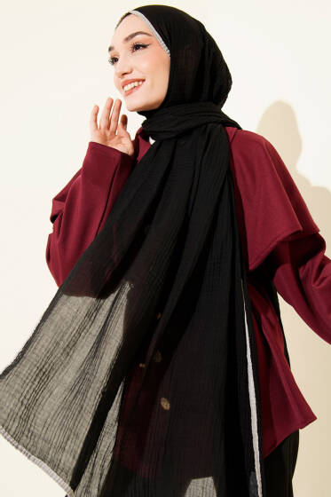 Biyeli Müslin Şal Siyah Gri - Başörtüsü
