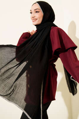 Biyeli Müslin Şal Siyah Gri - Başörtüsü