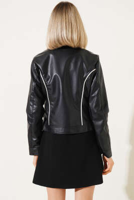 Biyeli Nakışlı Kısa Deri Ceket Siyah - Kadın Giyim Modelleri