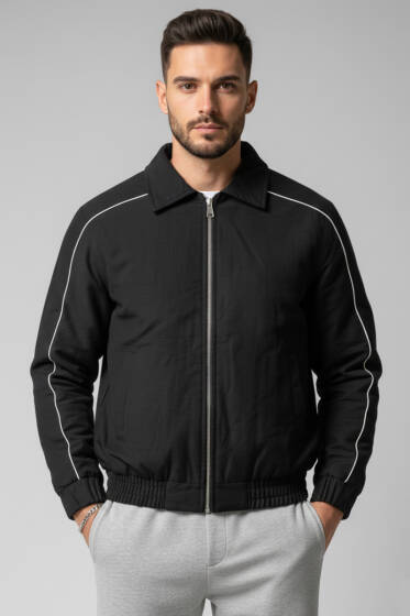 Biyeli Oversize Erkek Mont Siyah - Erkek Mont