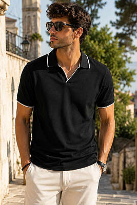 Biyeli Polo Yaka Erkek T-shirt Siyah - Babalar Günü