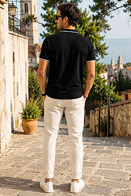 Biyeli Polo Yaka Erkek T-shirt Siyah - Babalar Günü