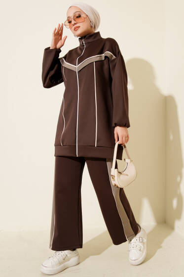 Biyeli Şeritli Scuba İkili Takım Kahve - İkili Takım