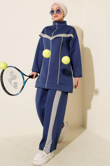 Biyeli Şeritli Scuba İkili Takım Lacivert - İkili Takım