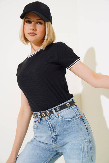 Biyeli Şeritli T-shirt Siyah - Yeni Giyim