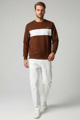 Blok Renkli Selanik Erkek Sweatshirt Kiremit - Erkek Sweatshirt