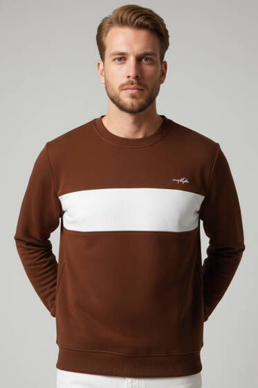 Blok Renkli Selanik Erkek Sweatshirt Kiremit - Yeni Erkek Giyim