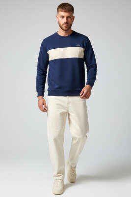 Blok Renkli Selanik Erkek Sweatshirt Lacivert - Erkek Sweatshirt