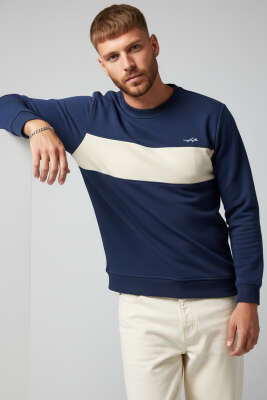 Blok Renkli Selanik Erkek Sweatshirt Lacivert - BESSE