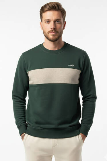 Blok Renkli Selanik Erkek Sweatshirt Nefti - Yeni Erkek Giyim