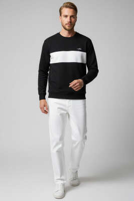 Blok Renkli Selanik Erkek Sweatshirt Siyah - Erkek Sweatshirt