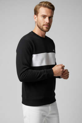 Blok Renkli Selanik Erkek Sweatshirt Siyah - BESSE