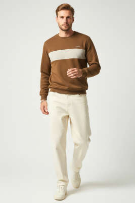 Blok Renkli Selanik Erkek Sweatshirt Taba - Erkek Sweatshirt