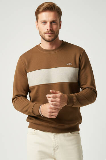 Blok Renkli Selanik Erkek Sweatshirt Taba - Yeni Erkek Giyim