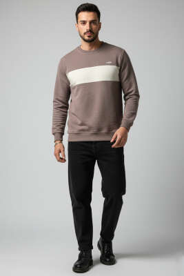 Blok Renkli Selanik Erkek Sweatshirt Vizon - Yeni Erkek Giyim