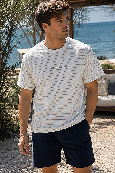 Blue Water Bridge Baskılı Çizgili Erkek T-shirt Beyaz - Erkek T-shirt