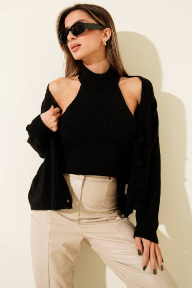 Bluzlu Triko Hırka Siyah - Kadın Giyim Modelleri